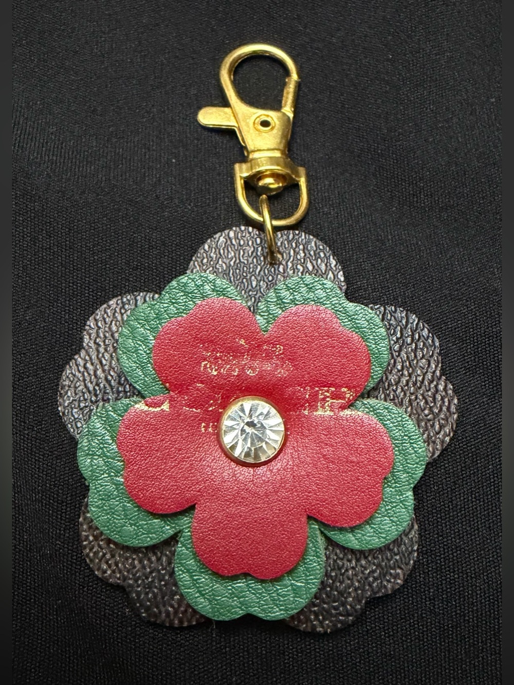 Upcycled COACH Red & Green Flower Leather Keychain Charm with Gold Hardware